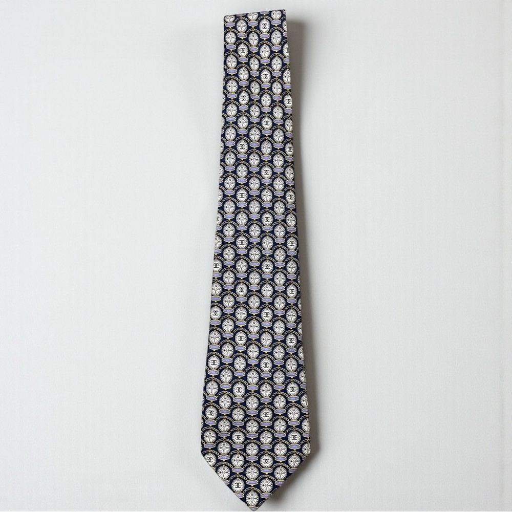 CHANEL Watch/Clock Motif with CC Logo Tie – Navy & Gold